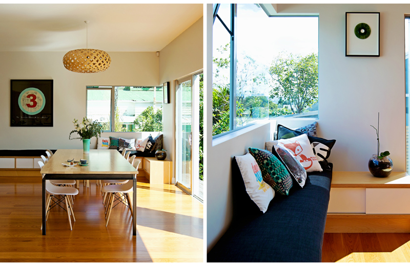 Along the back wall of this extension by Matter Architects is low, built-in storage that doubles as seating.