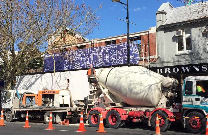 Concrete trucks outside 411-413 Remuera Road.